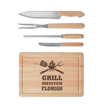 4-teiliger Edelstahl BBQ-Set aus Holz
