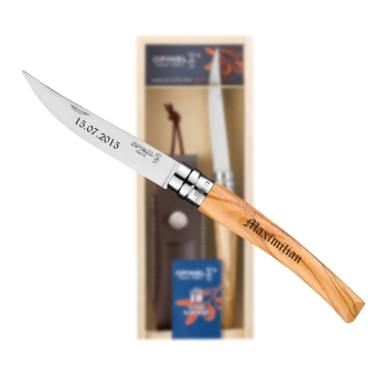 Opinel No.10 Effilé Olivenholz Messer mit Gravur im Etui