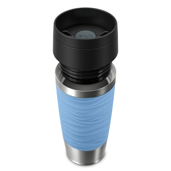 EMSA Thermobecher TRAVEL MUG Waves Pastellblau 360 ml mit Wunschgravur