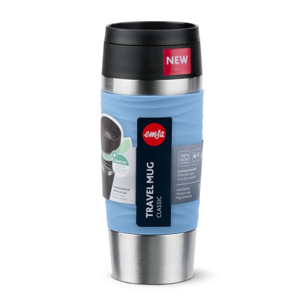 EMSA Thermobecher TRAVEL MUG Waves Pastellblau 360 ml mit Wunschgravur