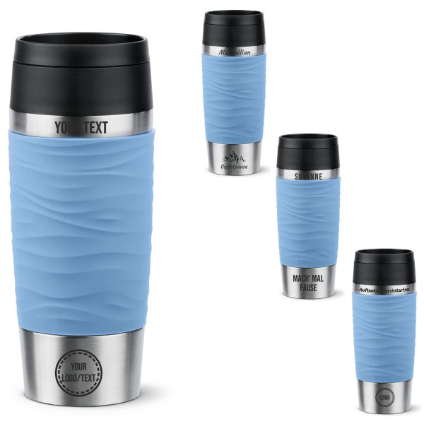 EMSA Thermobecher TRAVEL MUG Waves Pastellblau 360 ml mit Wunschgravur