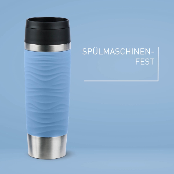 EMSA Thermobecher TRAVEL MUG Waves Pastellblau 500 ml mit Wunschgravur