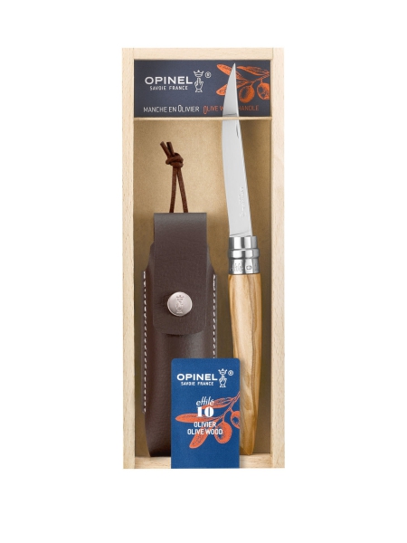 Opinel No.10 Effilé Olivenholz Messer mit Gravur im Etui