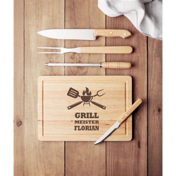 4-teiliger Edelstahl BBQ-Set aus Holz