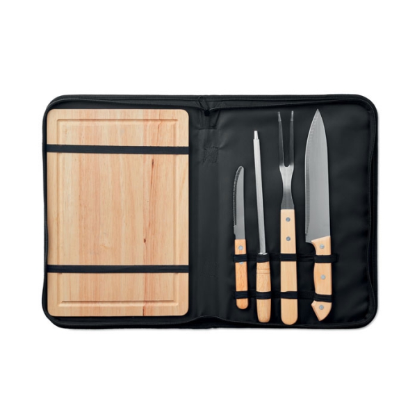 4-teiliger Edelstahl BBQ-Set aus Holz